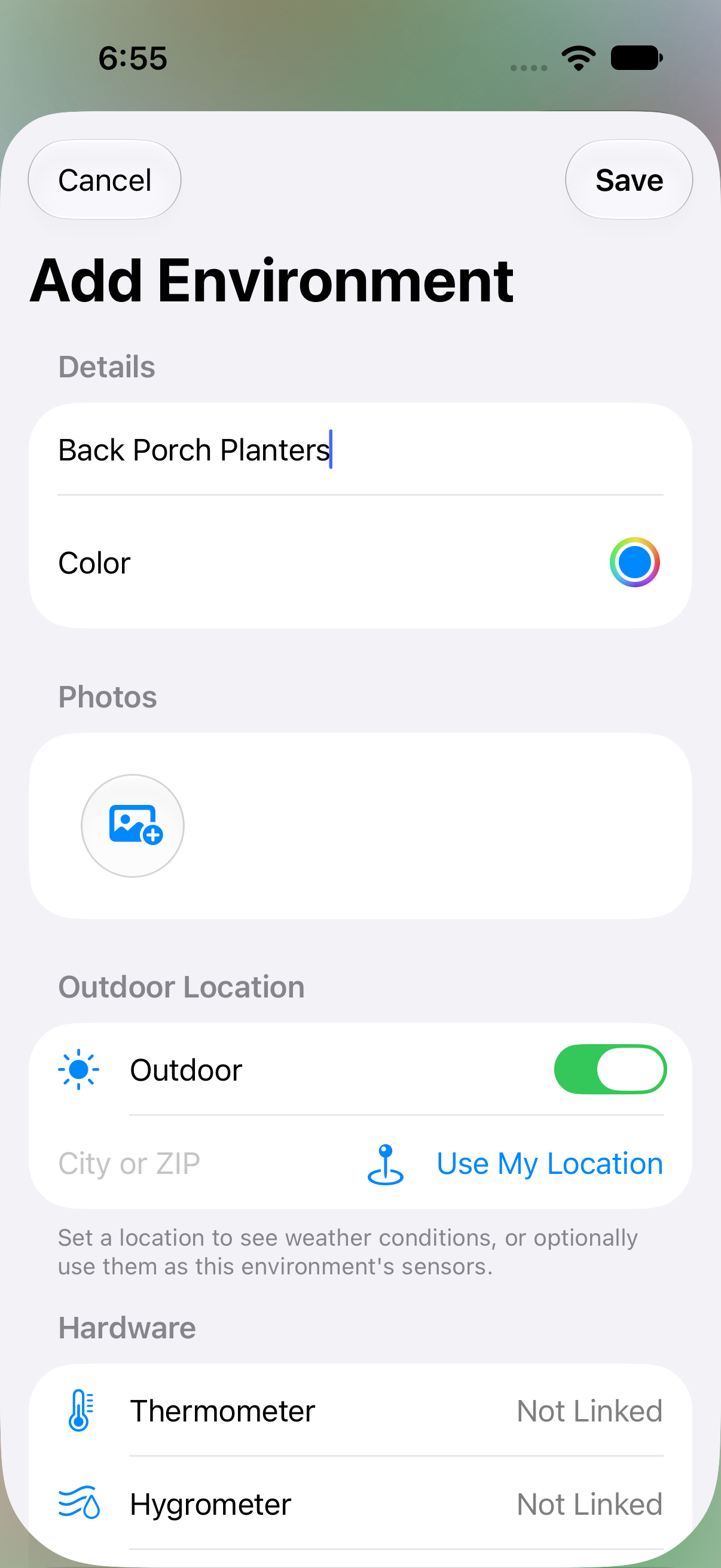 Add Environment sheet with the Outdoor toggle on, showing address lookup and current-location fields