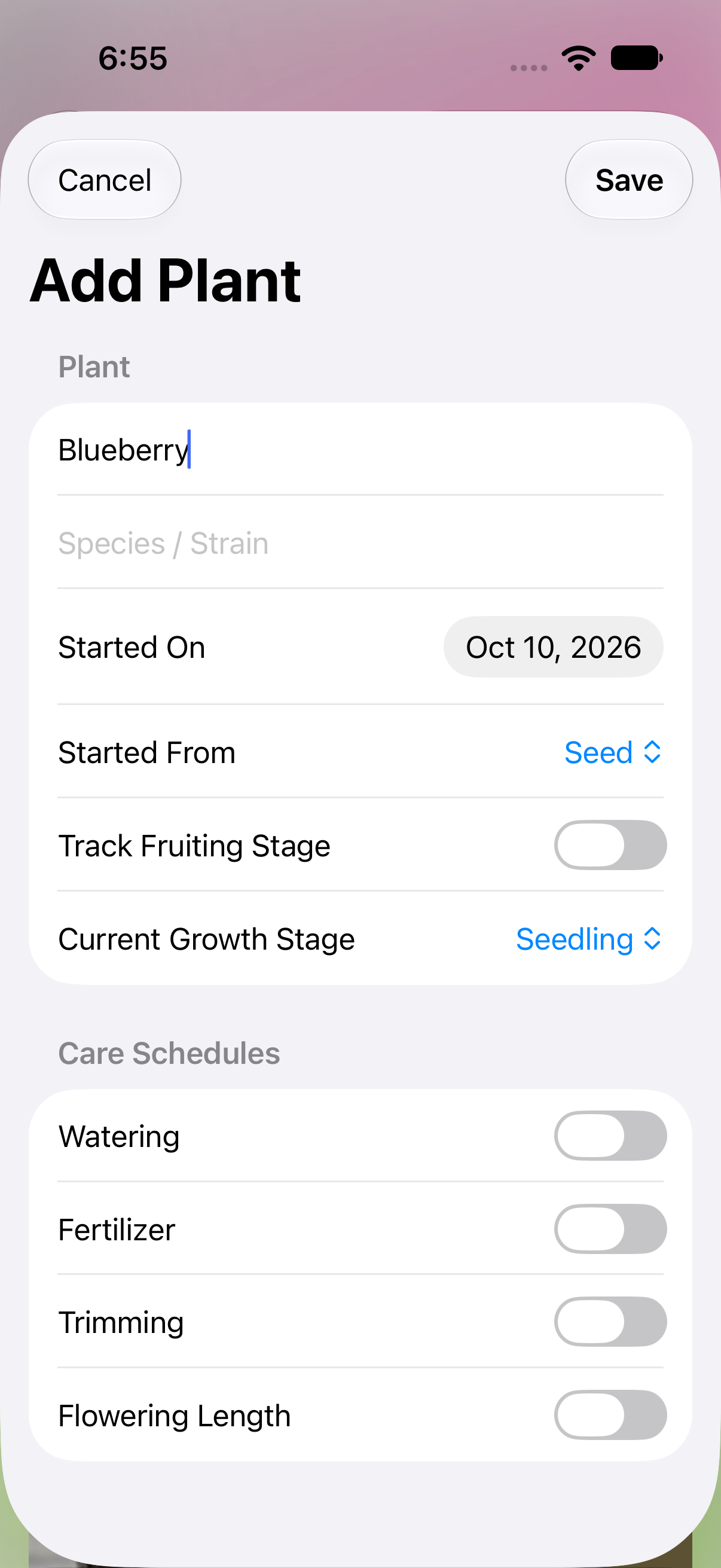 Add Plant sheet with growth stage and care schedule fields