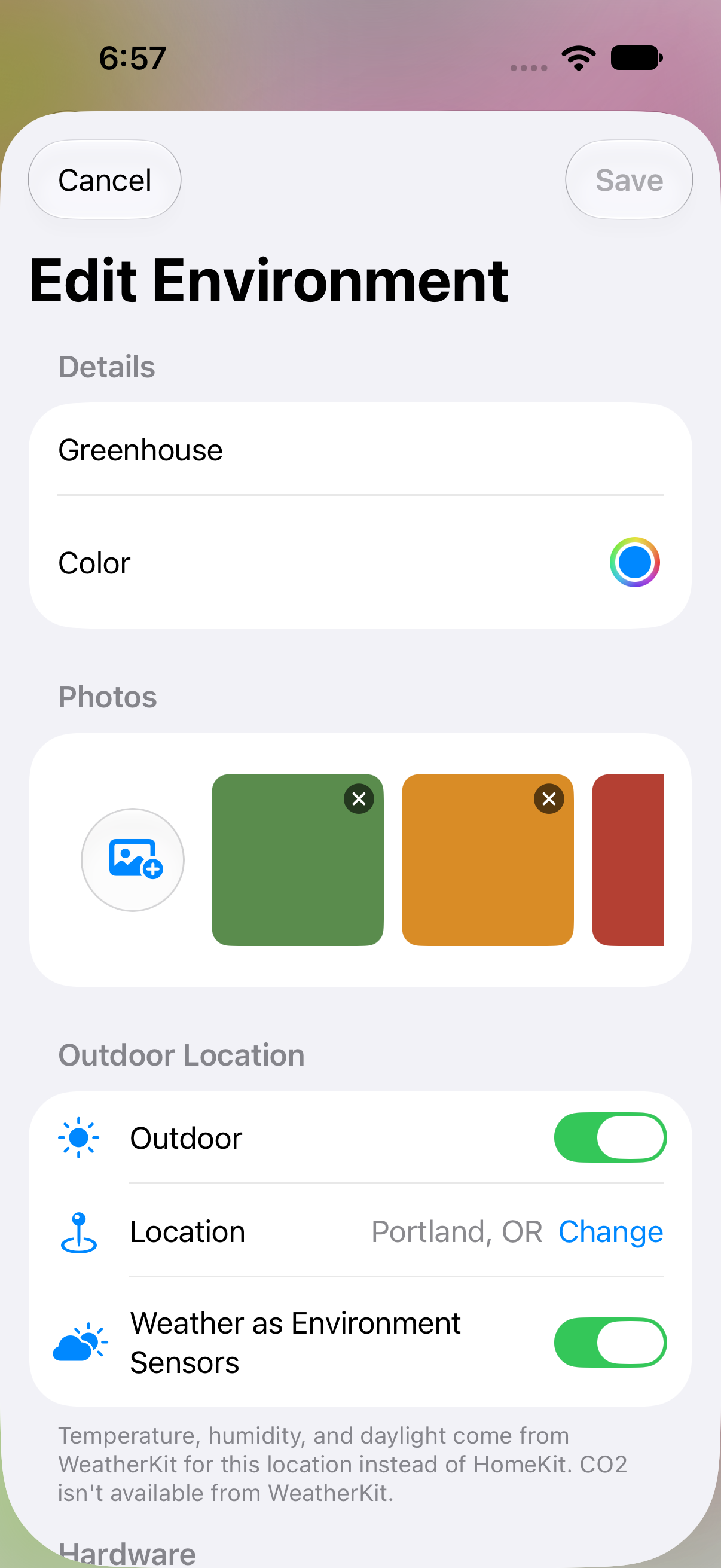 Edit Environment sheet showing a resolved outdoor location and the Weather as Environment Sensors toggle