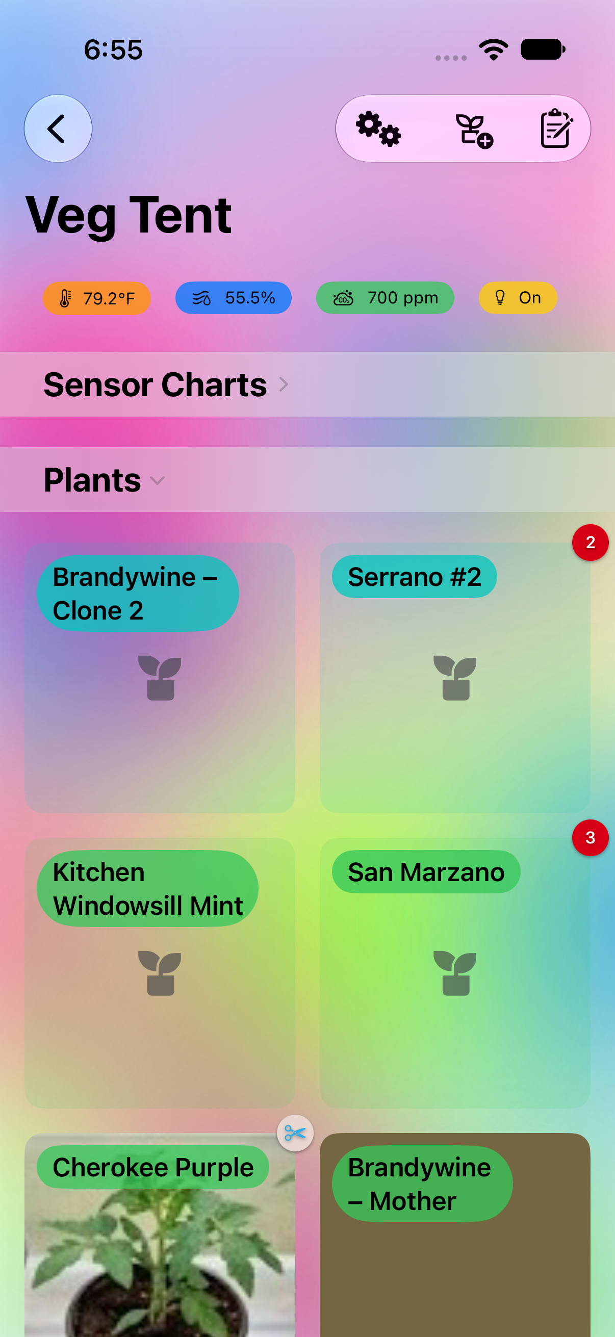 Environment detail screen's Plants section, listing every plant in that environment