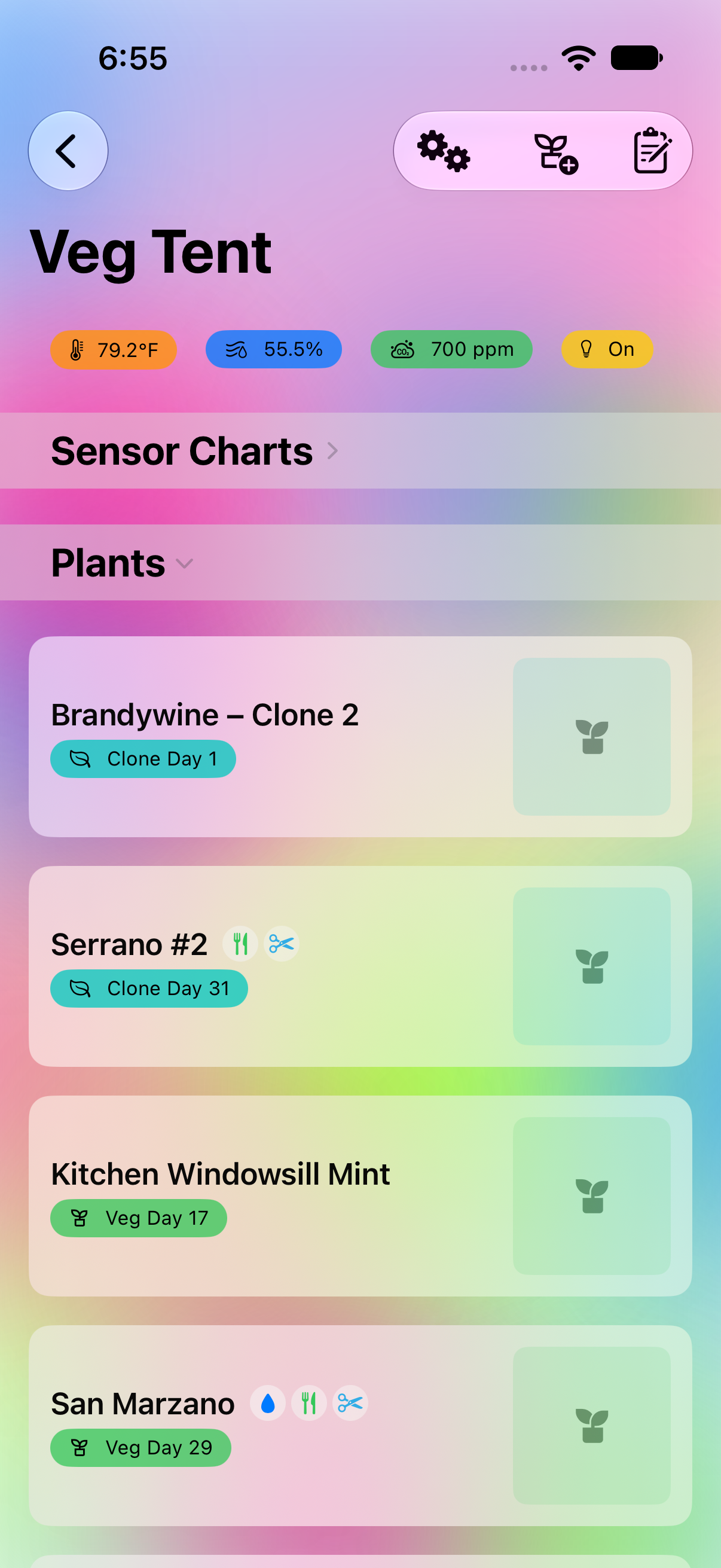 An environment's Plants section shown as a row list instead of cards