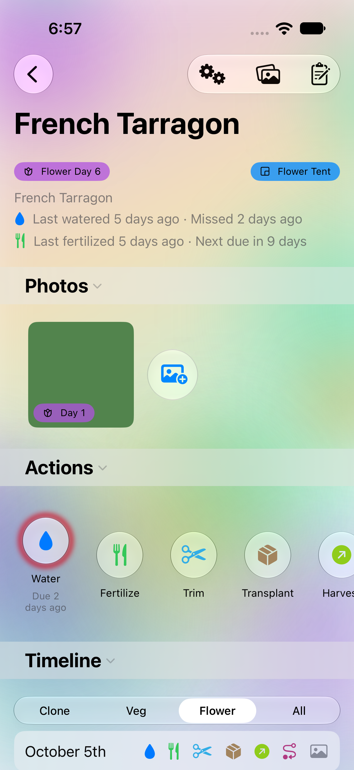 A denser plant timeline with many action icons and an expandable photo on the same day