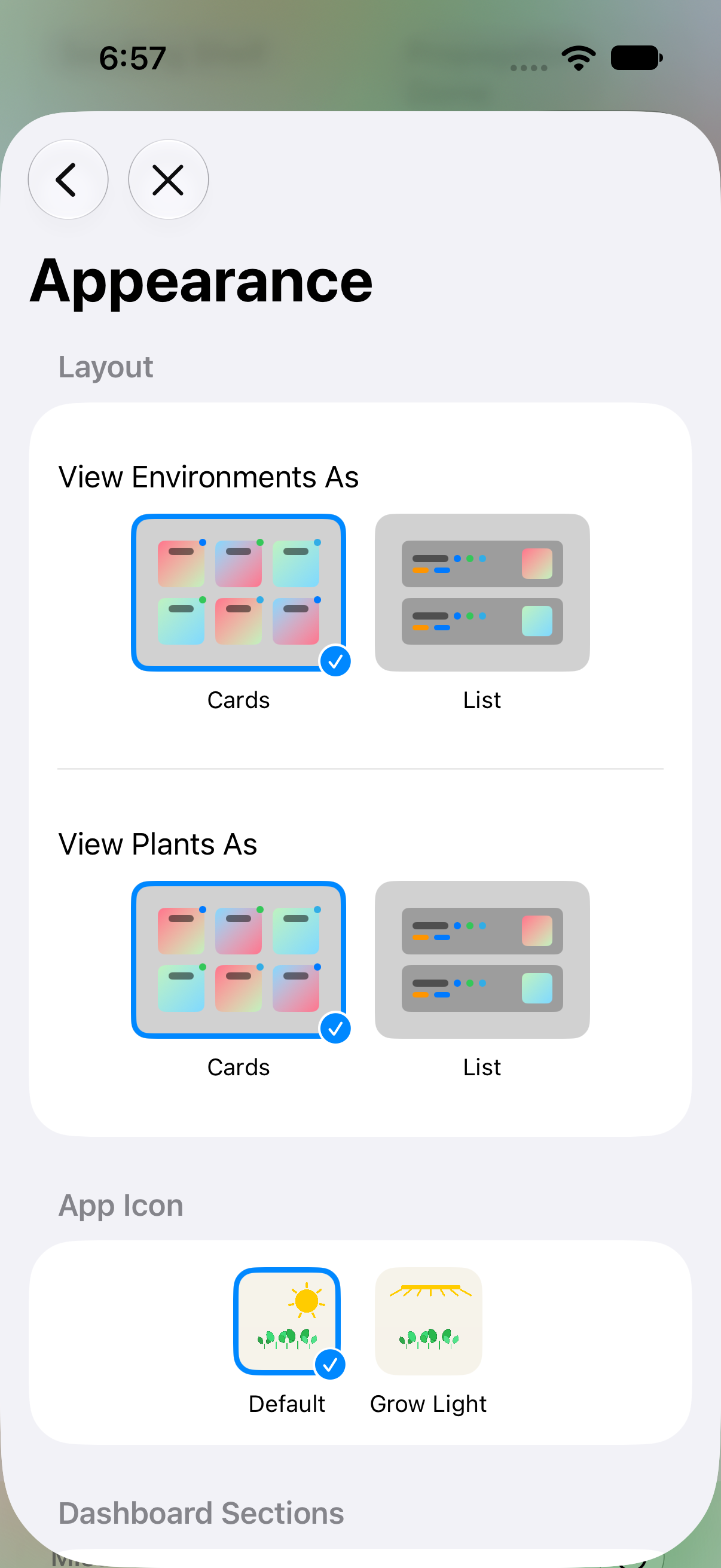 Settings screen for light/dark/system appearance, card-vs-list layout, app icon, and section ordering