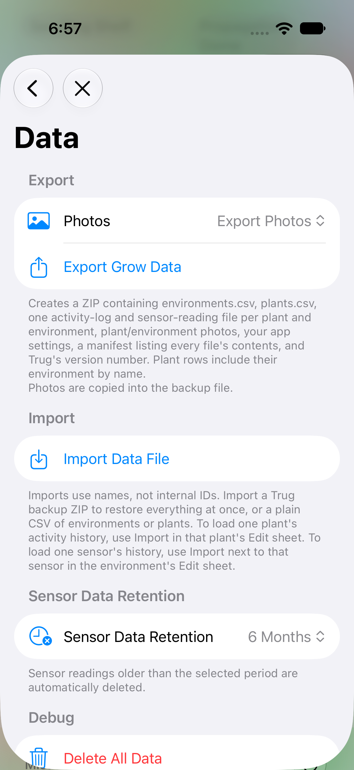 Settings screen with CSV and ZIP export and import options
