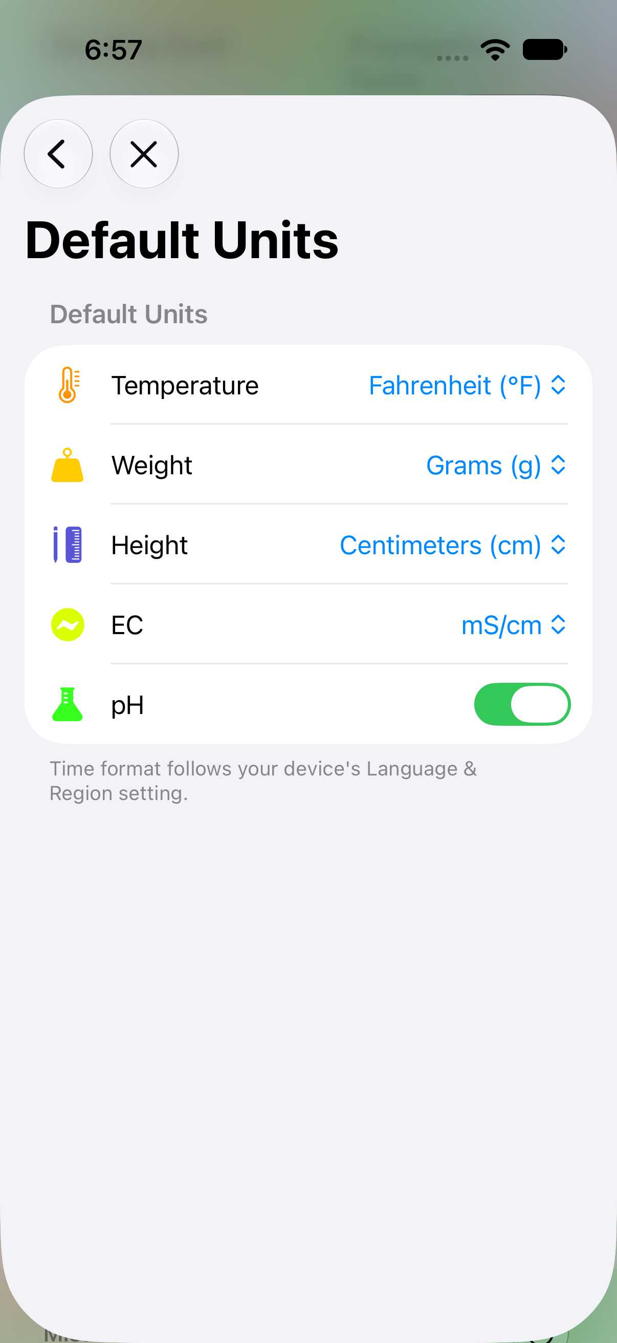 Settings screen for temperature, height, EC, and weight units