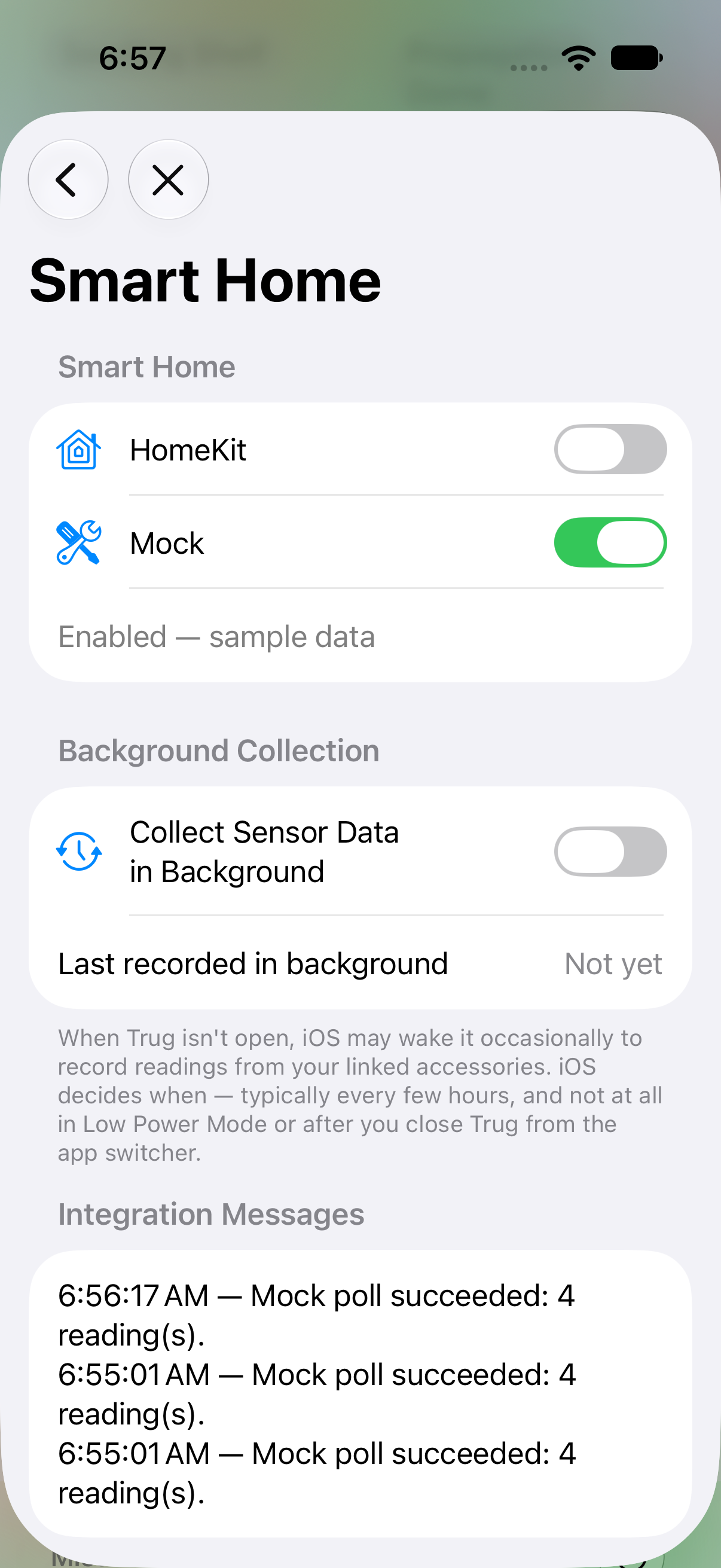 Settings screen for enabling HomeKit accessory linking and background collection