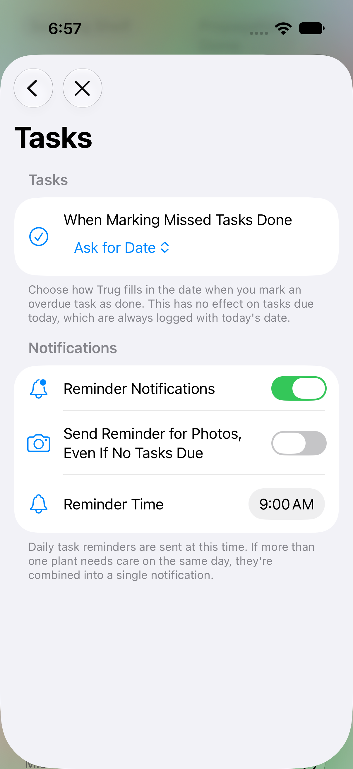 Settings screen for the daily reminder time and missed-task completion-date preference
