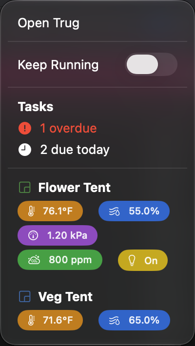 Trug's Mac menu bar popover showing today's task summary and per-environment sensor badges